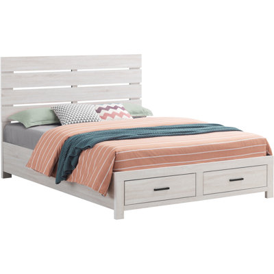 King Size Coastal White Panel Bed Featuring Slatted Headboard, Storage, Engineered Wood Finish, Bedroom Furniture Feature Eastern With Two Drawers, Scratch - Attribute, Decor Attribute