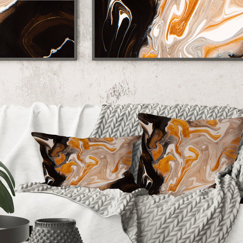Coussin orange et noir Marble Waves I - imprimé moderne, 16 po x 16 po