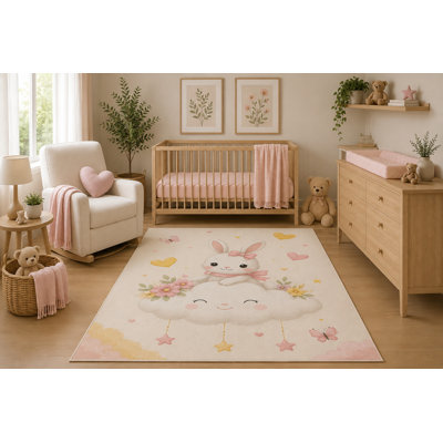 "Ultra Lightweight" 5'x7' Bunny Cloud Area Rug, Cute Watercolor Rabbit Hearts and Flowers Nursery Baby Girl Bedroom Decor, Non-Slip Silicone Backing Low Pile Carpet