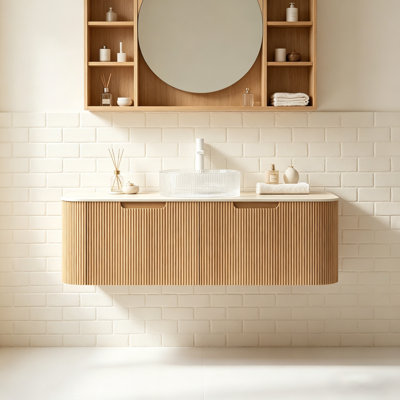 Meuble-lavabo 48 po, meuble-lavabo rayé à bords arrondis avec 2 tiroirs, lavabo rond en verre transparent et plateau en pierre frittée à motif de travertin, pré-assemblé, couleur grain de bois naturel