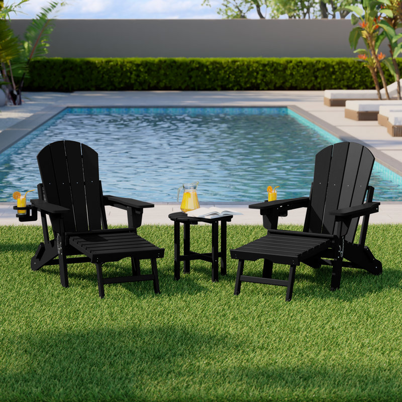 Outdoor Folding Adjustable Adirondack Chair With Hideaway Ottoman & Round Side Table, Black