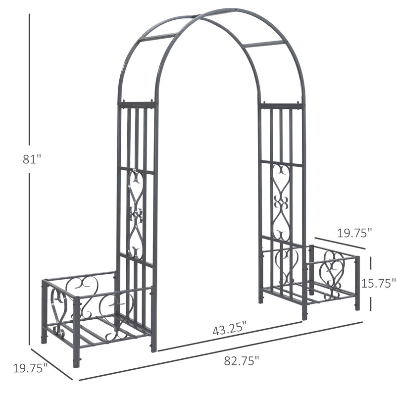 Arche de jardin en acier avec cœurs, gris foncé, pour les mariages, cour arrière, H 81,1 po - Cérémonie décorative en treillis gris, jardinières, plantes grimpantes