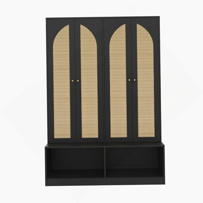 Farmhouse Hall Tree With Rattan Doors, Versatile 4-In-1 Seating Bench With 6 Hooks, Mid-Century Entryway Shoe Cabinet With Shelf For Living Room, Black, 55.1"W(OLD SKU: N721P297555B)
