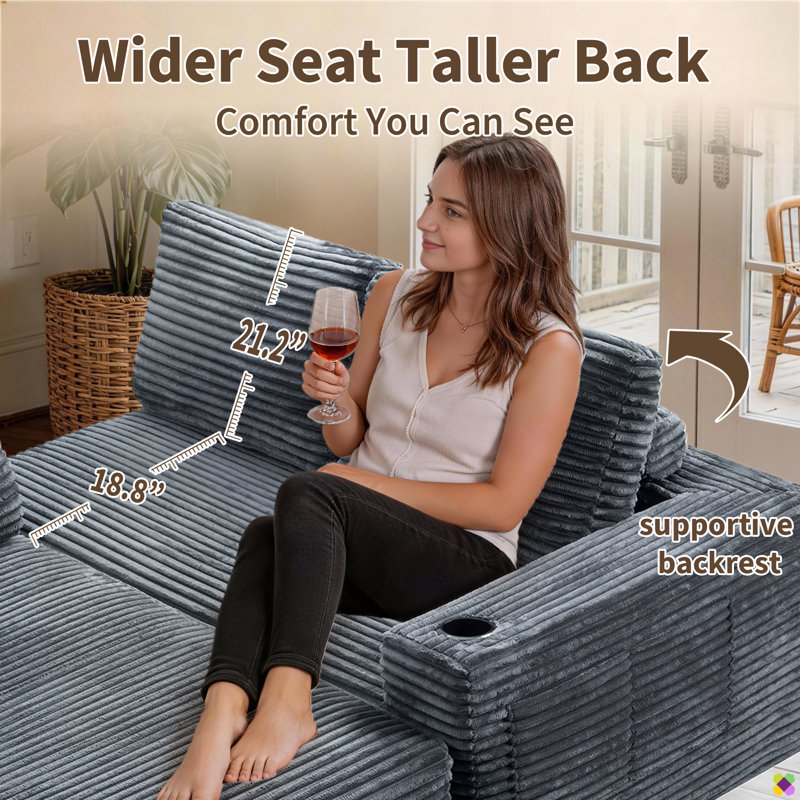 Simonsen 104.3"W Corduroy Compression Boneless LAF Sectional, High Back Cushion, No Assembly Required, Gray Corduroy