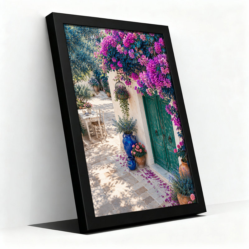 Art mural sur toile mauve, porte verte et pots bleus, H 18 po x l 12 po