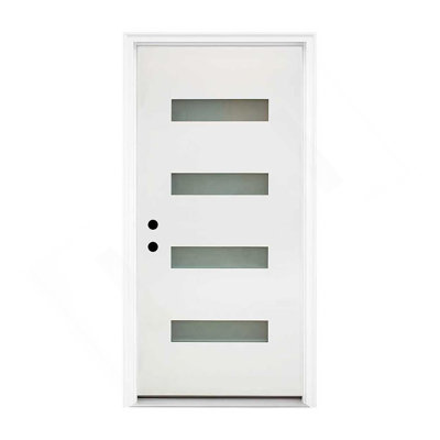 36 x 80 Fiberglass Entry Door, 4-Lite Frosted Glass - Contemporary Style for Home's Front Entrance, Right Hand Inswing, New Packaging 4-9/16 Vinyl Frame, White Finish Knock-Down Entry Door