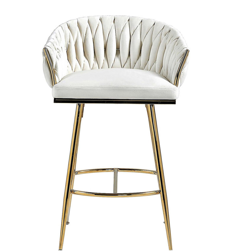 26-inch Bar Height Kitchen Island Bar Stool, with Manual Waveback, Gold Chrome Base, and Footrest, Beige
