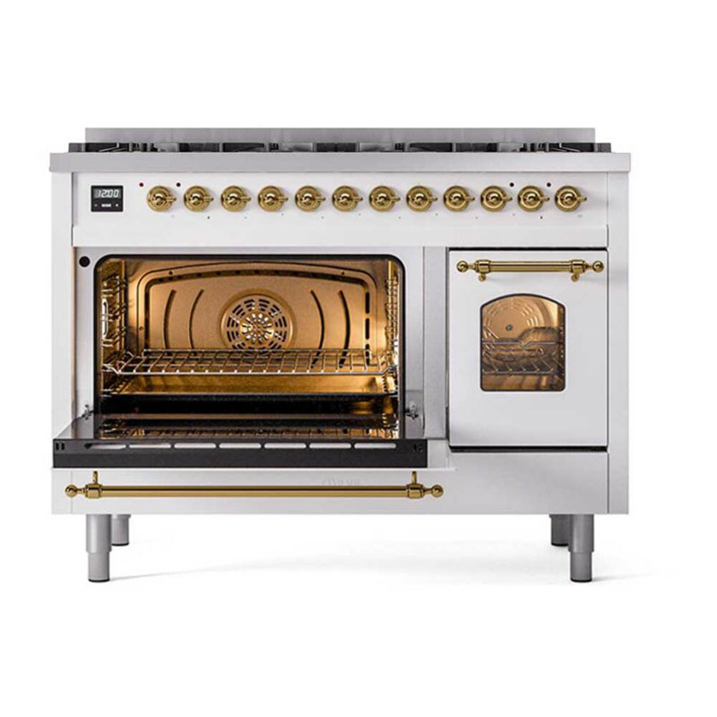 ILVE UPD406NMP Nostalgie II 48 inch Dual Fuel Range with 8 Total Black Brass Burners (Limited Edition), White, Natural Gas
