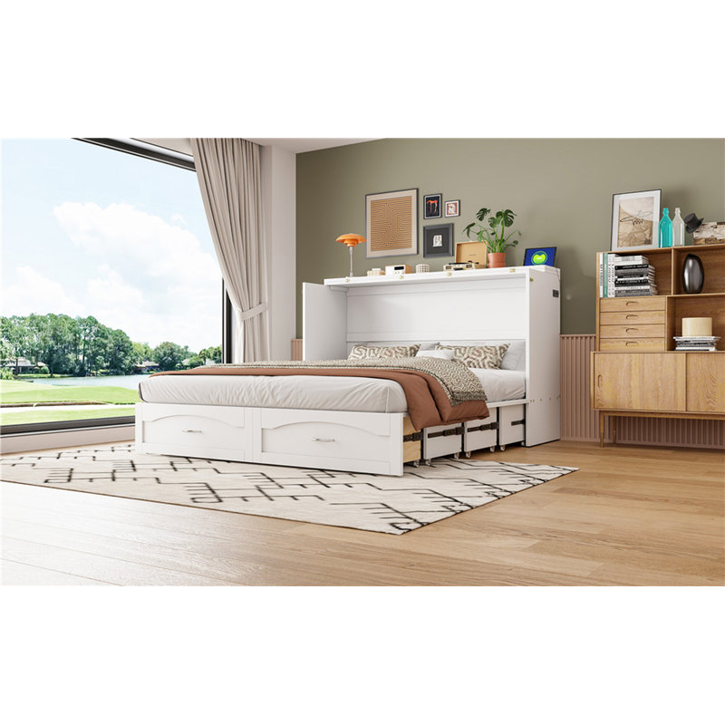 Grand lit escamotable mural avec tiroir et un ensemble de prises et de ports USB, Blanc