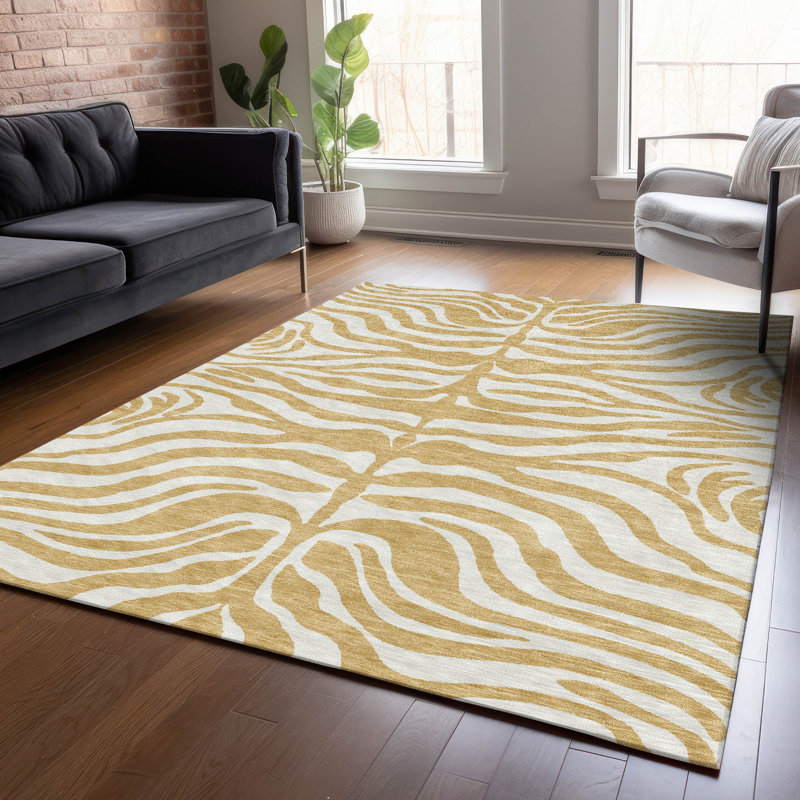 Gold and White Zebra Pattern Washable Synthetic Area Rug 5' x 7'
