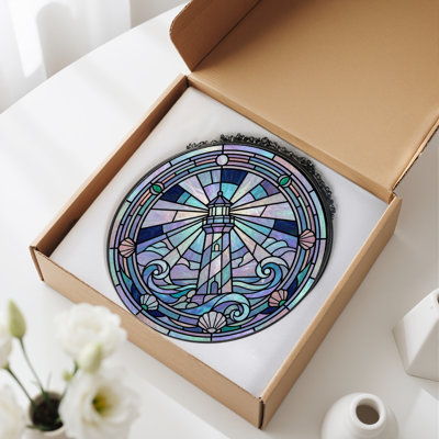Lighthouse Scene Stained Glass Window Panel，7.8H