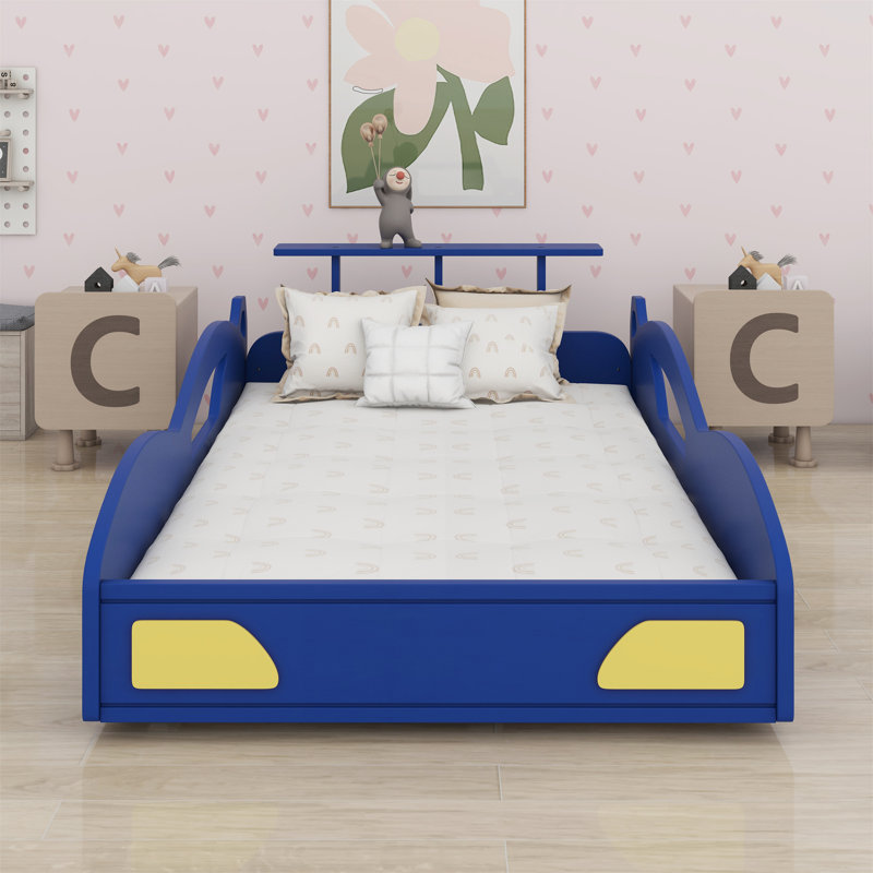 Lit plateforme en forme de voiture, Bleu/jaune