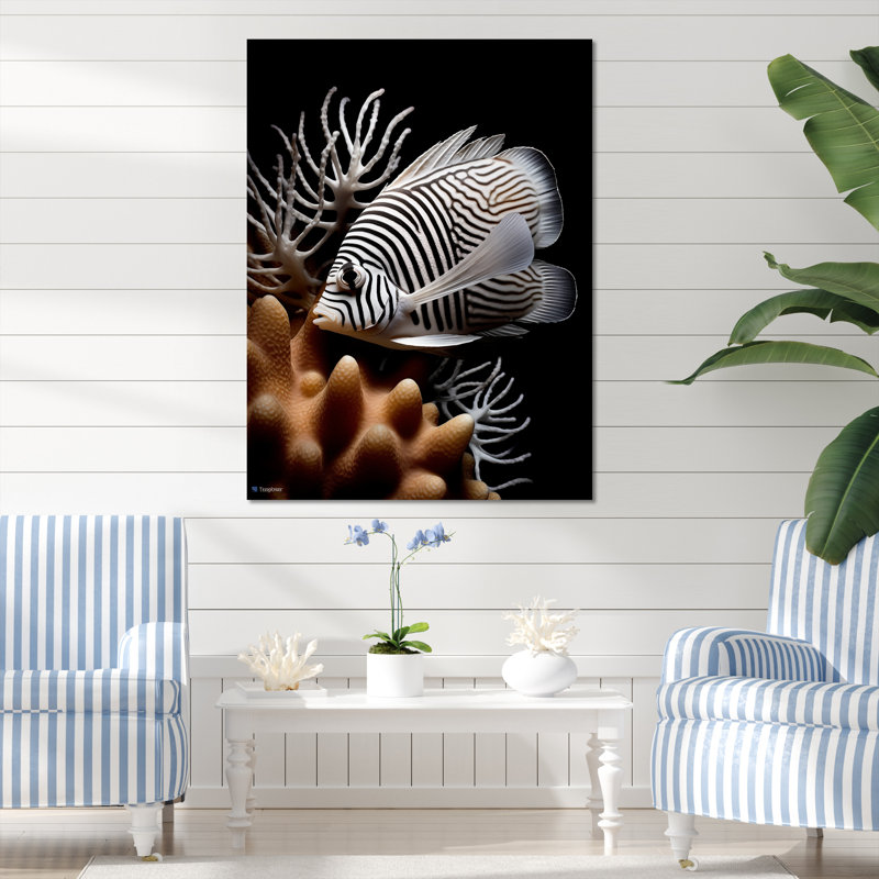 Zèbre poisson lion sur fond noir sur toile, Toile tendue, H 32 po x l 24 po