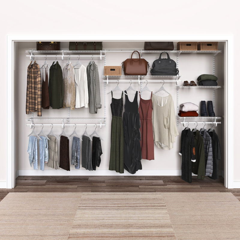 Adjustable ShelfTrack 6 Shelf Wardrobe System and Clothes Rail Storage 3m Wide White Wire Heavy Duty Organiser Kit