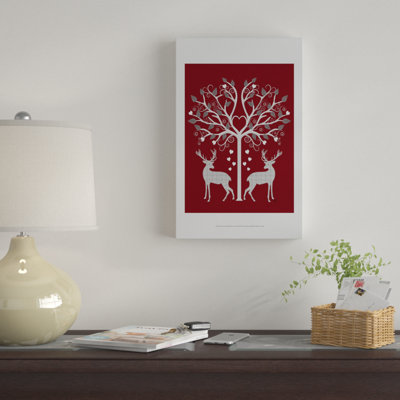 «Christmas Des - Deer and Heart Tree, Gray on Red», impression sur toile tendue