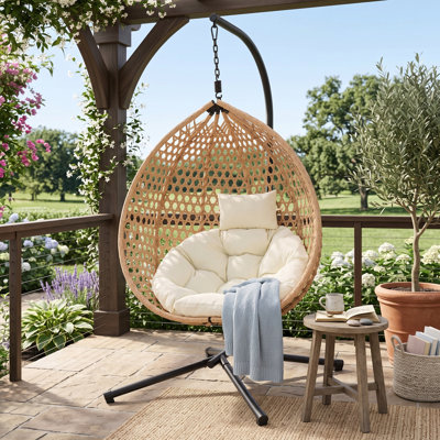Chaise de hamac durable en rotin avec support, balancelle intérieure et extérieure confortable avec coussin amovible pour balcon, chambre à coucher et jardin, beige