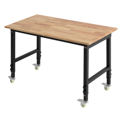 Adjustable Workbench on Wheels, 1500 lbs Capacity, 48 x 24 Inch Oak Wood Top Workbench with 28.5-42.3 Inch Height Adjustment, Heavy-Duty Hardwood Worktable for Garage, Workshop, Home, Office
