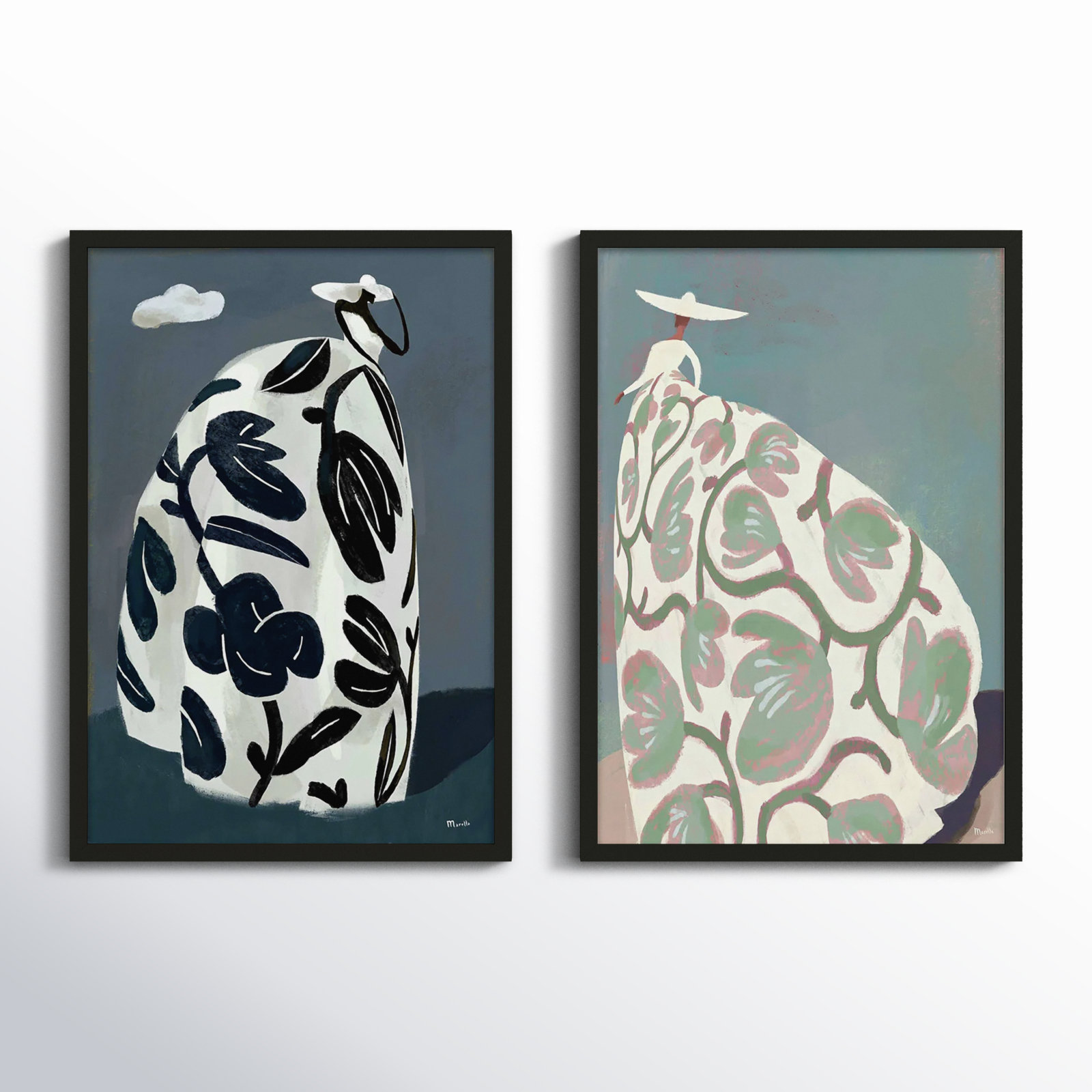 Storm and Beach Dresses 2-Piece Print Set, 25" H x 17.5" W, Black Paper Framed