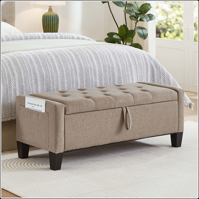 Banc repose-pieds en lin avec capitonnage à boutons et charnière de sécurité - Lin, Linen, Lin