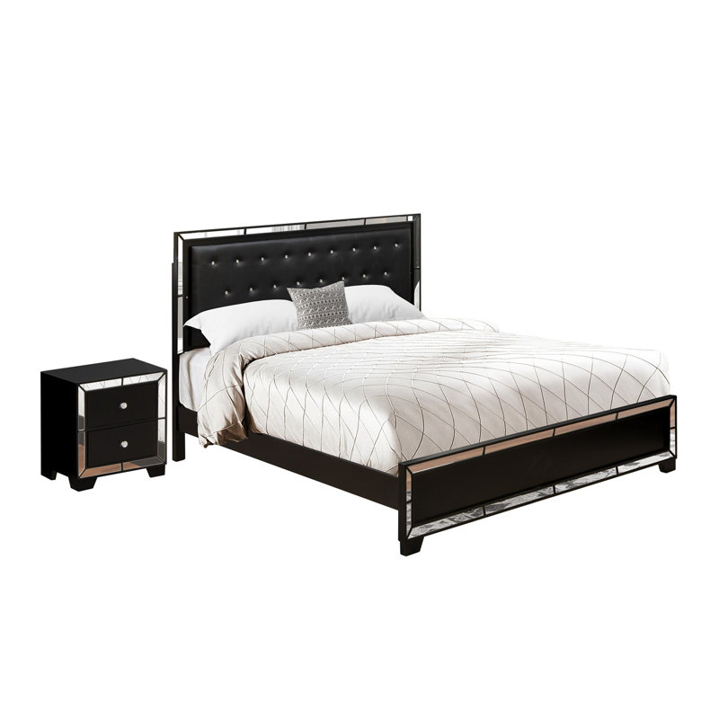 Ensemble de chambre avec très grand lit 2 pièces avec cadre très grand capitonné à boutons et table de chevet pour la chambre à coucher - Tête de lit en similicuir noir et pieds noirs