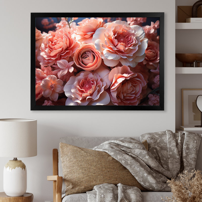 Attenweiler - bouquet de fleurs roses - harmonie délicate I - impression, H 24 po x l 32 po x P 1 po, Cadre simple noir