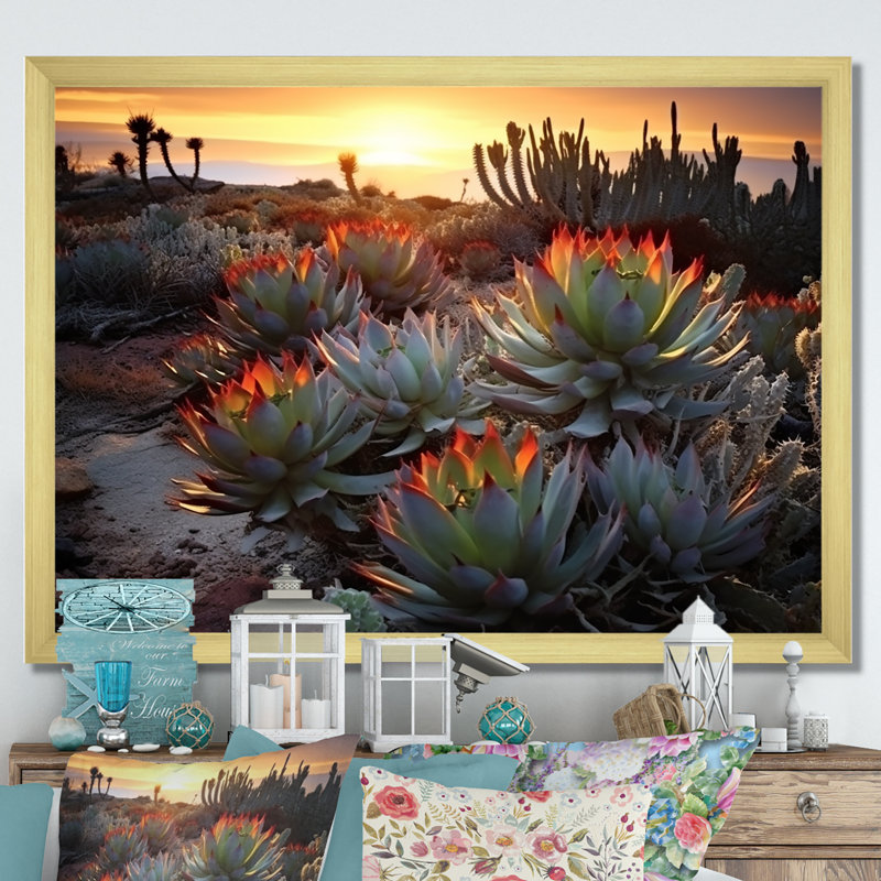 «Succulent Desert Cactus Field Burning Sunset III» - Art mural succulent, H 30 po x l 40 po x P 1,5 po, Cadre doré simple