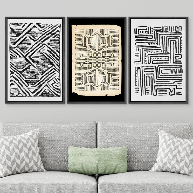 «Geometric Line», motif de losanges noirs et blancs, art encadré sur toile, 3 pièces, H 36 po x l 72 po x P 1,5 po, Noir