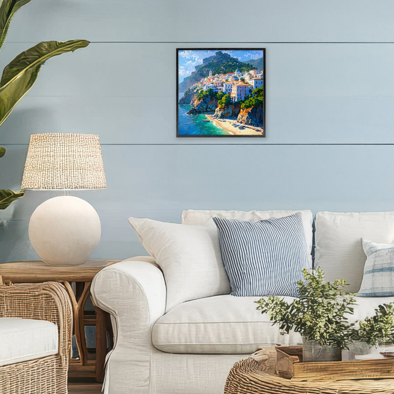 Vue sur la plage de Seaside Town, estampe numérique, design par LSR Creative Studio, Giclée encadrée noir minuit