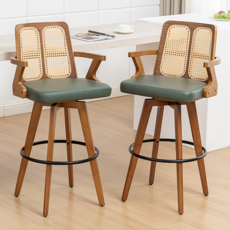 Modern Swivel Upholstered Cane Back Counter & Bar Stools, Bar Stool (30" Seat Height), Green