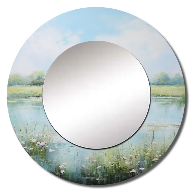 Meadow Tranquil Waters I - miroir décoratif Meadow, miroir mural rond vert, impression sur métal, 36 po x 36 po