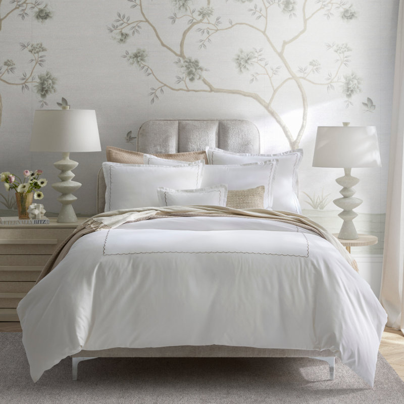 Scallop Hotel Linen Set, White/Tan, Twin Duvet Cover + 3 Additional Pieces