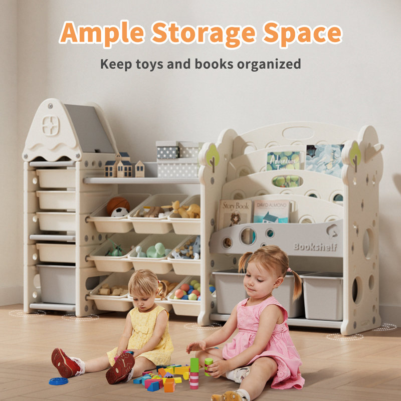 Jameek Kids Toy Storage Organizer with 17 Removable Bins, 4-Tier Bookshelf for Kids, Multi-Purpose Castle-Shaped Toy Organizer