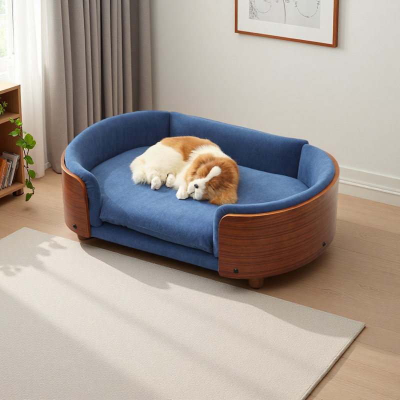 Lit pour chien de luxe en bois massif avec pieds en mousse à mémoire de forme et dossier courbé en bois, Bleu très foncé