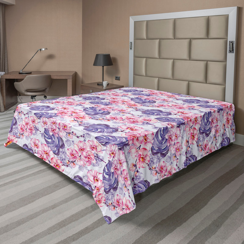 Ambesonne Flowers Flat Sheet Nostalgia Farmhouse, Quartz Pink Ceil Blue