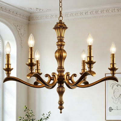 6-Light 26" Classic / Traditional Vintage Antique Brass Chandelier Adjustable French Country Gold Foil Hanging Light Fixture For Dining Room