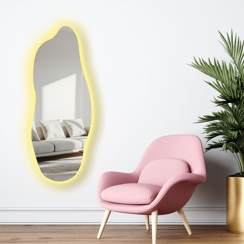 Miroir abstrait à DEL abstrait avec interrupteur marche / arrêt, cadre en EVA noir, épaisseur 20 mm | 20,5 po x 53,1 po | Miroir de 4 mm, alimenté par pile (9 V, pile non incluse) | Éclairage élégant pour une décoration intérieure moderne et un meuble-lavabo
