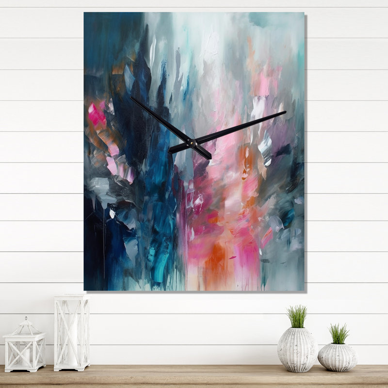 Abstrait bleu et rose - Très grandes horloges murales abstraites, H 32 po x l 24 po x P 1 po