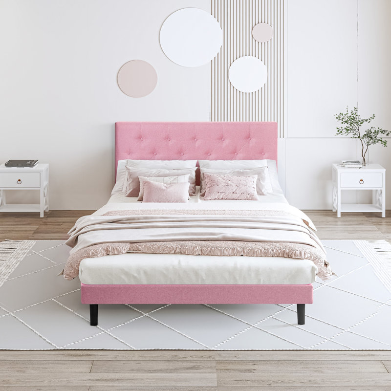 Structure de lit grand tapissier rose - sans sommier, facile à assembler, 41,16 po Haut, base à lattes de bois, taille en tissu de lin avec ressort de tête de lit nécessaire, installation, hauteur, 65,23 lb