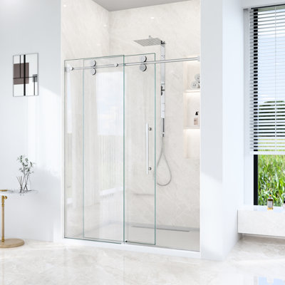 Porte de douche coulissante simple H 72 po, l 56 po à 60 po, verre trempé transparent de 8 mm à 16 mm, finition, 304 rouleaux en acier inoxydable, détachement, rail rond, double étanchéité pour porte de salle de bain de 56 à 60 po x L 72 po , 8 mm