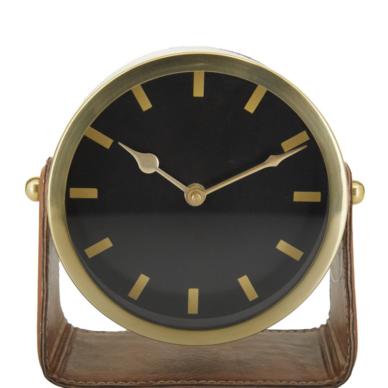 Stainless Steel Metal Decorative Clock with Leather Stand, Gold/Brown, 7.30" H x 7.20" W x 4.40" D