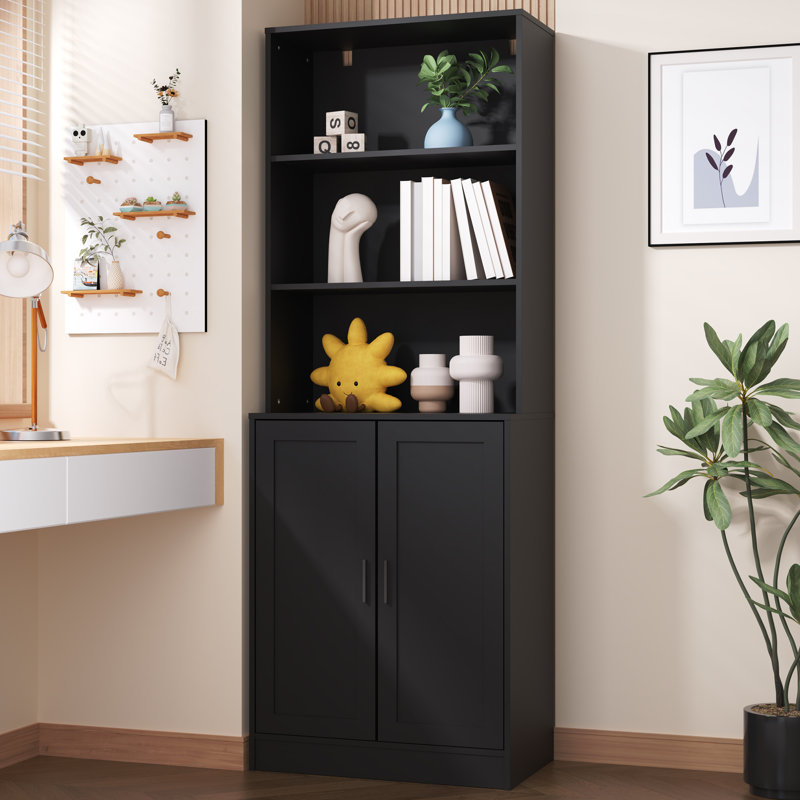 Bibliothèque de 75 po de hauteur avec portes, grande bibliothèque à 5 niveaux avec armoire, bibliothèque en bois pour salon, bureau, bibliothèque avec portes