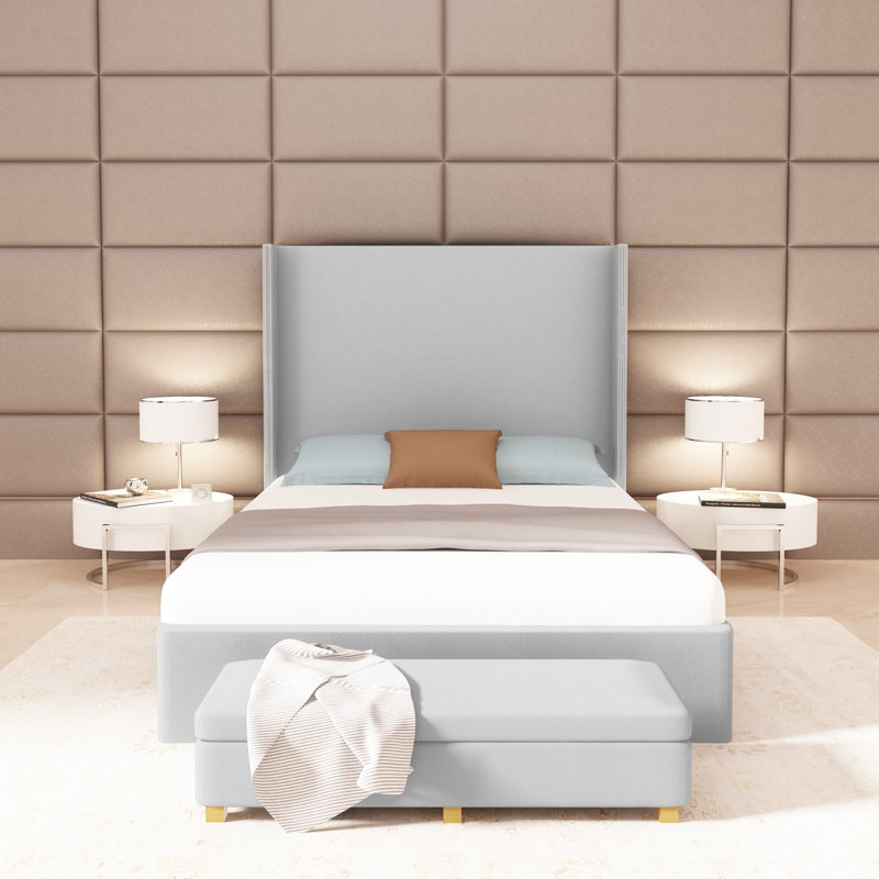 Kaiser Upholstered Wingback Bed, Twin, Box Weave Linen Silver Streak