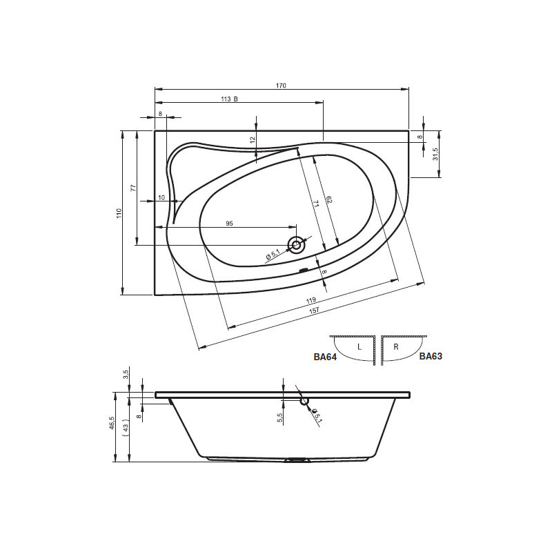 1800mm x 140mm Soaking Acrylic Bathtub