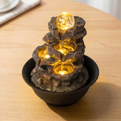  Water Feature Tabletop Fountain with Glass Ball LED,Resin,Brown