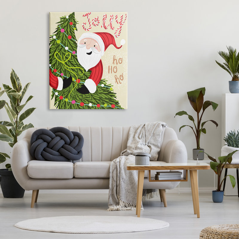 «Festive Jolly Santa Claus Playful Christmas Tree», ferme rustique surdimensionnée, estampe numérique, art texturé par Arrolynn Weiderhold