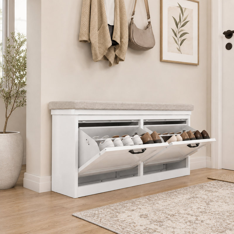 Up to 12 Pair Steel Shoe Storage Cabinet with 2 Flip-Down Drawers and Cushioned Seat