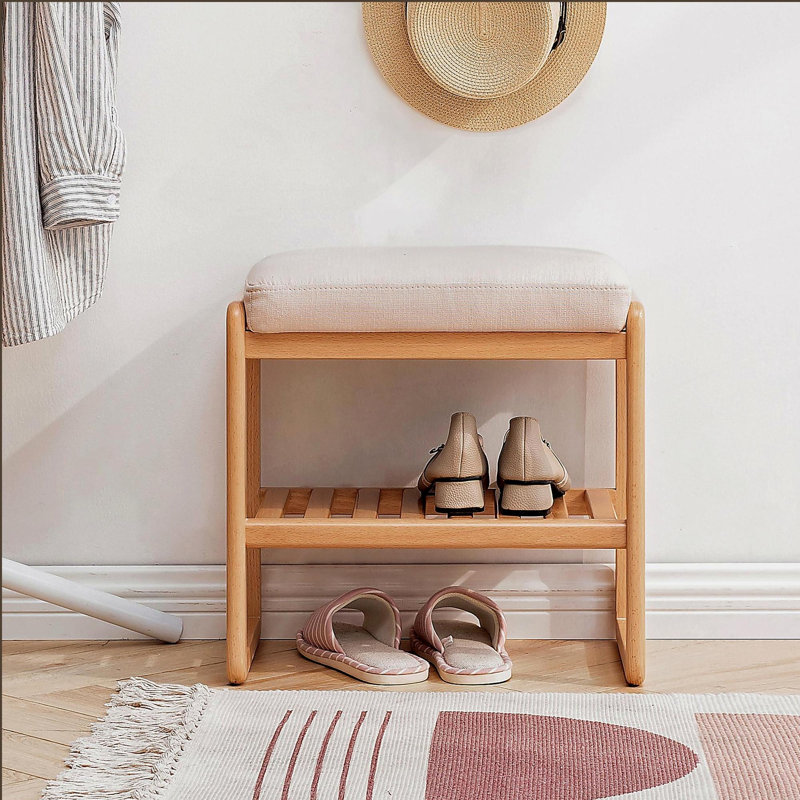 Solid Wood Shoe Bench, Storage Rack Organizer with High Rebound Sponge Cushion, Natural
