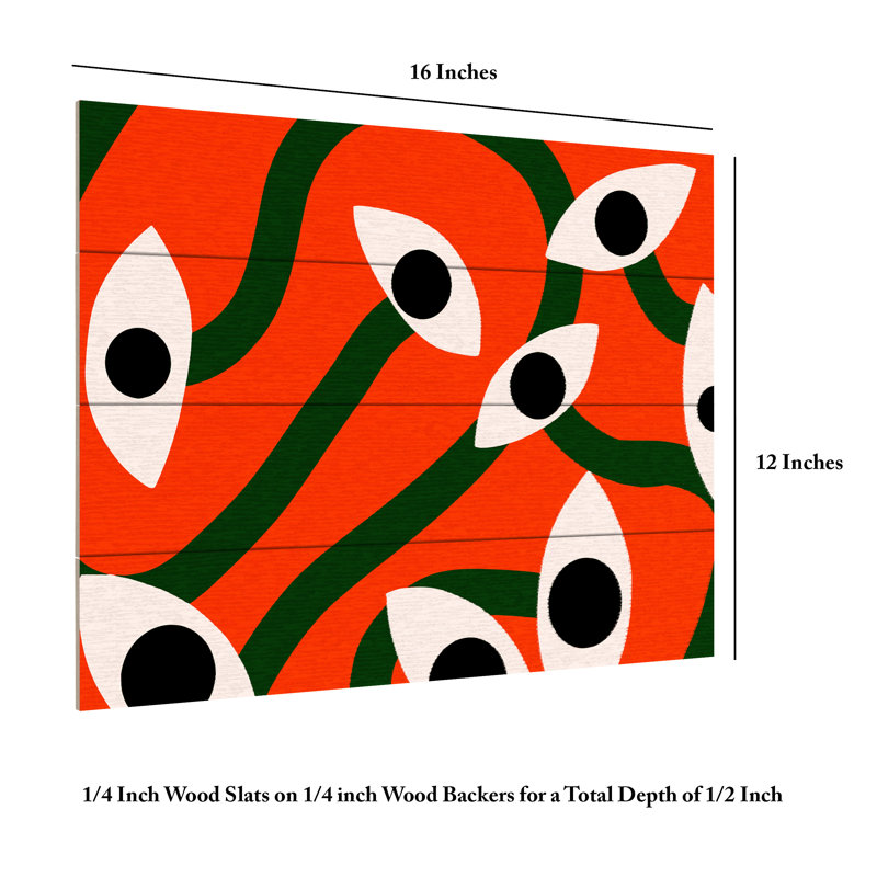 Little Dean  Evil Eyes Blossom In Red Wood Slat Art, H 12 po x l 16 po
