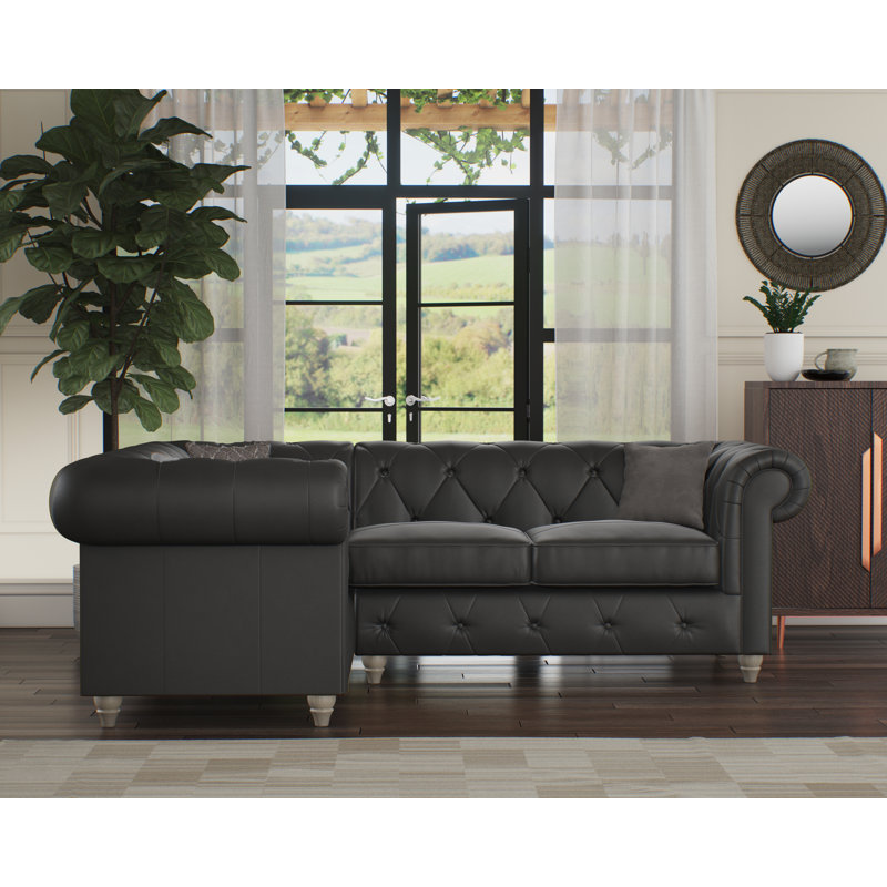 Melrose 3 Seater Leather Corner Sofa , Left Hand Facing, Raven, Washed Oak