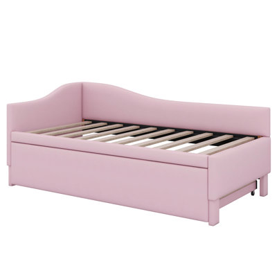 Twin Size Daybed With Pop Up Trundle, Linen Upholstered Day Bed Frame With Wood Slats,Extendable Trundle Bed,Twin To King Design